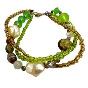 Green Beaded Faux Pearl Glass Multi Strand 8.5 inch Gold Lobster Claw Bracelet